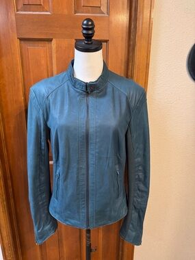 Lamarque Women’s Teal Leather Zip-Front Jacket Size XL
